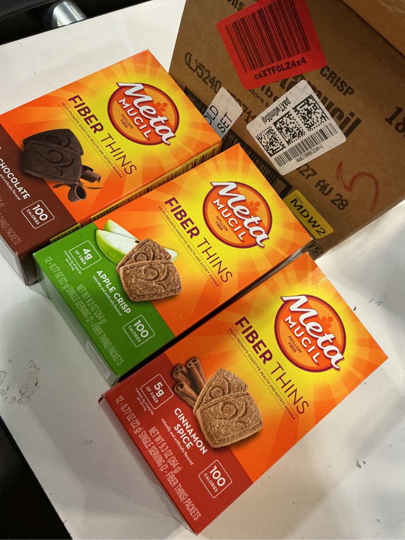 Condition photo showing New/Like New for (BBD:AUG/28/2027)Fiber Thins Digestive Health Support Psyllium Fiber Bars Variety with Bleam Digestive Health Tip Card - Apple Crisp - Cinnamon Spice - Chocolate - Variety Pack of 3