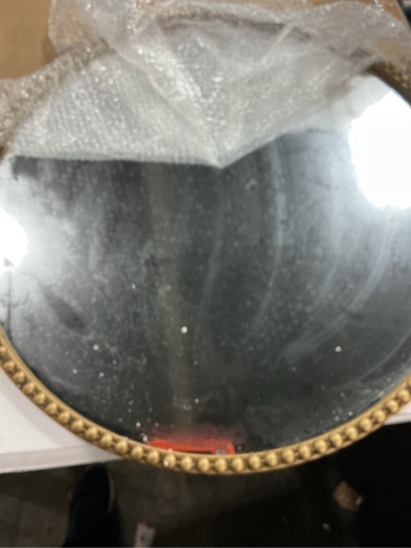 Condition photo showing Good Condition for round bathroom wall mirror, 28"x28" antique gold metal beaded frame vanity mirror, wall mounted large circle makeup mirror for bedroom, living room, entryway 28"l x 28"w gold round