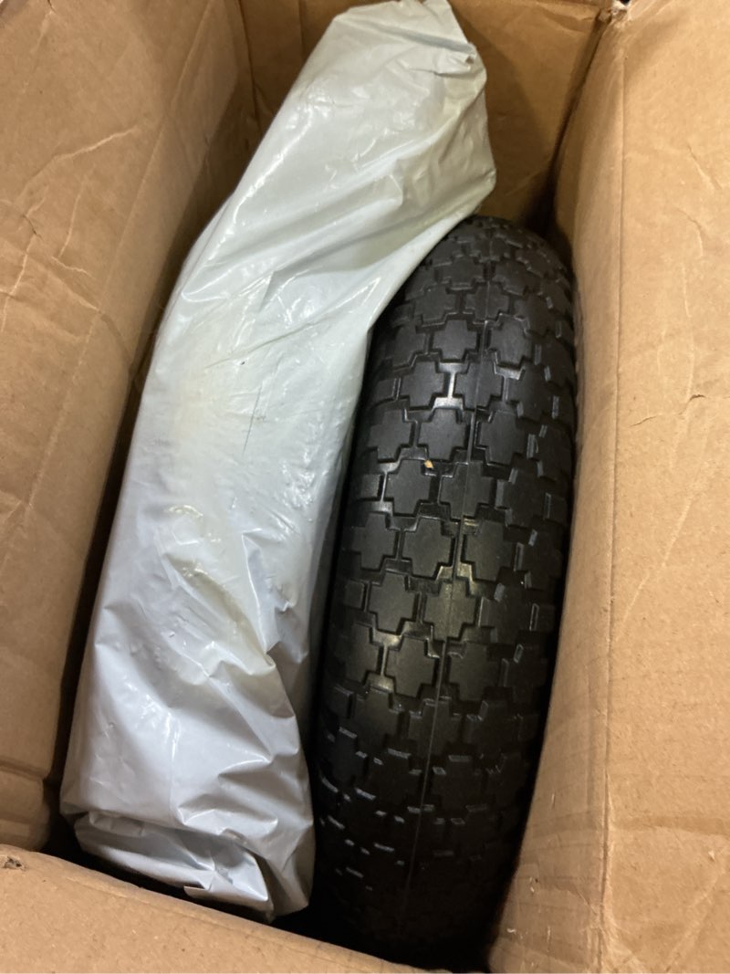 Condition photo showing Good Condition for 2pc 4.80/4.00-8 flat free tire and wheel, 14.5" solid wheelbarrow tire with 5/8" & 3/4" bearings and 3-7" centered hub for gorilla cart, garden cart, hand truck, trolley, wagons,universal fit 4.00-6