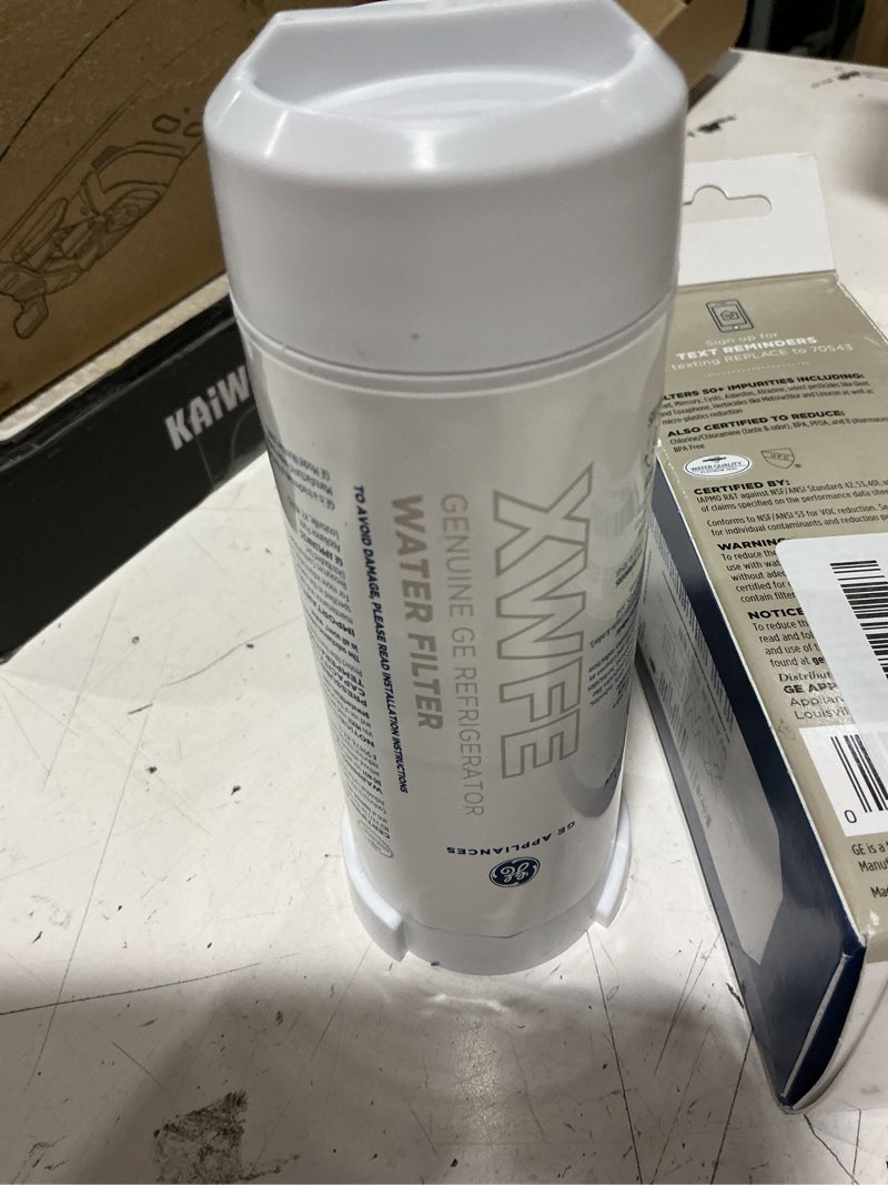 Condition photo showing As Is for ge xwfe refrigerator water filter, genuine replacement filter, certified to reduce lead, sulfur, and 50+ other impurities, replace every 6 months for best results, pack of 1