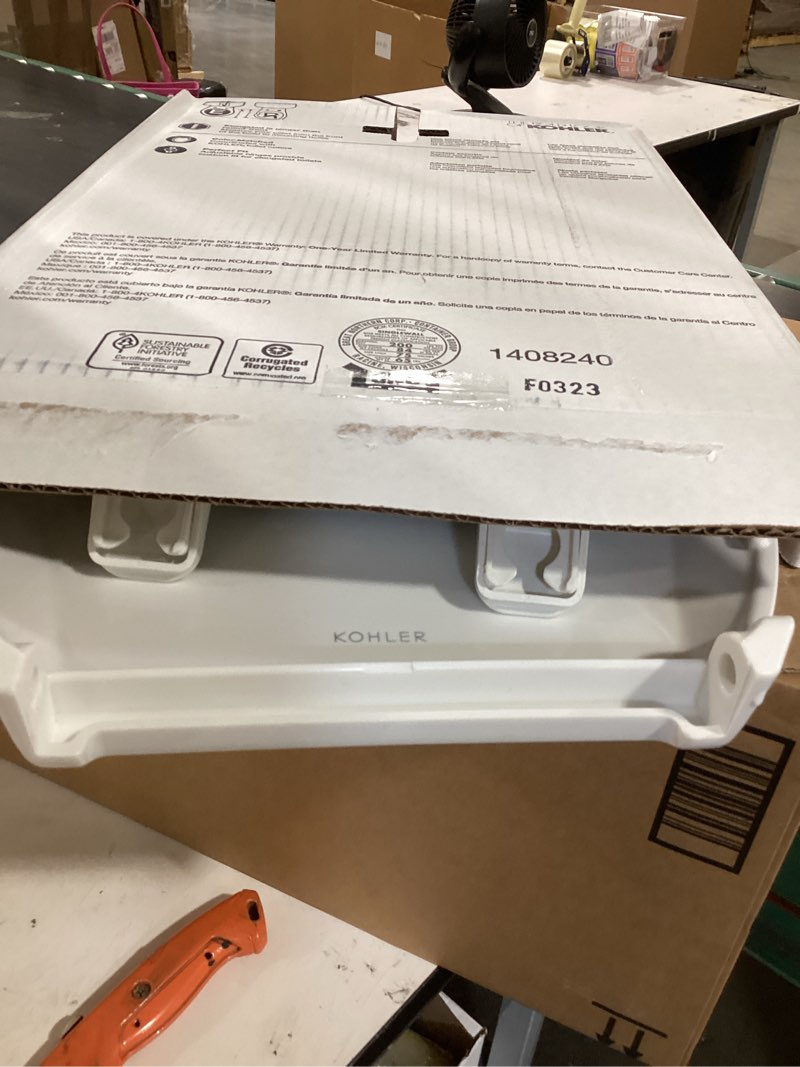 Condition photo showing As Is for kohler 20110-0 brevia, slow close toilet seat, elongated toilet seat, grip-tight bumpers quick-attach hardware, white white elongated quiet-close