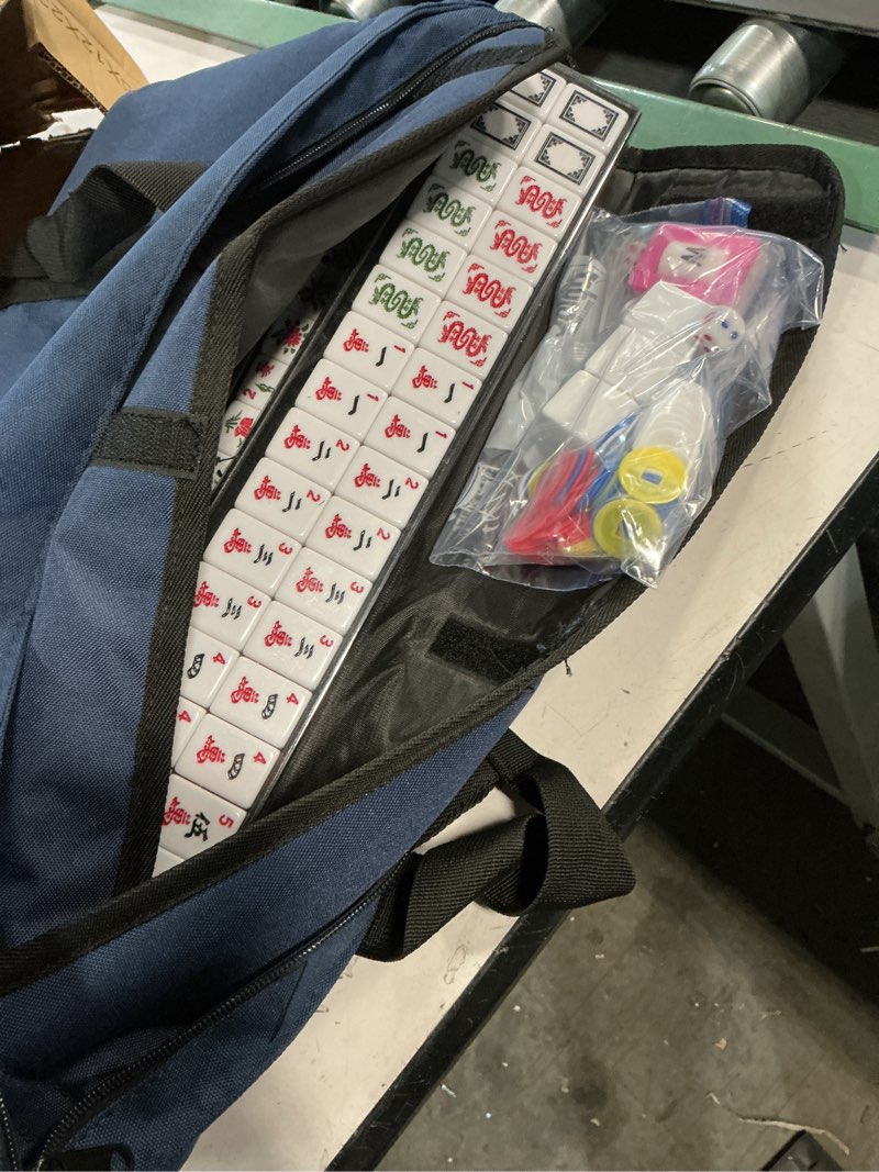 Condition photo showing Good Condition for american mahjong tile set,166 white tiles mahjong set,4 colors mahjong racks,travel mahjong set with blue carrying bag