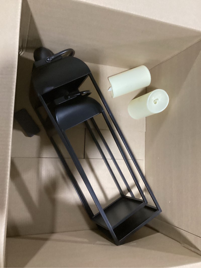 Condition photo showing Good Condition for matahum 25'' 19'' lanterns decorative outdoor indoor, black metal outdoor candle lanterns, set of 2 modern farmhouse decorative lantern for fireplace, patio, porch, floor, christmas lantern (no glass) 25 and 19in