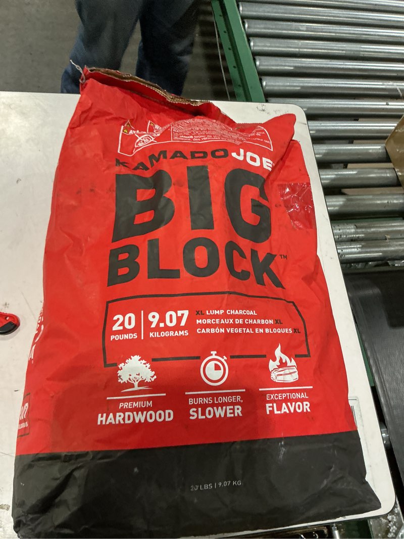 Condition photo showing As Is for kamado joe big block xl premium 100% all-natural hardwood lump charcoal reusable up to three times and 18-hour burn times, 1-pack, 20lbs model kj-char 20-pound charcoal