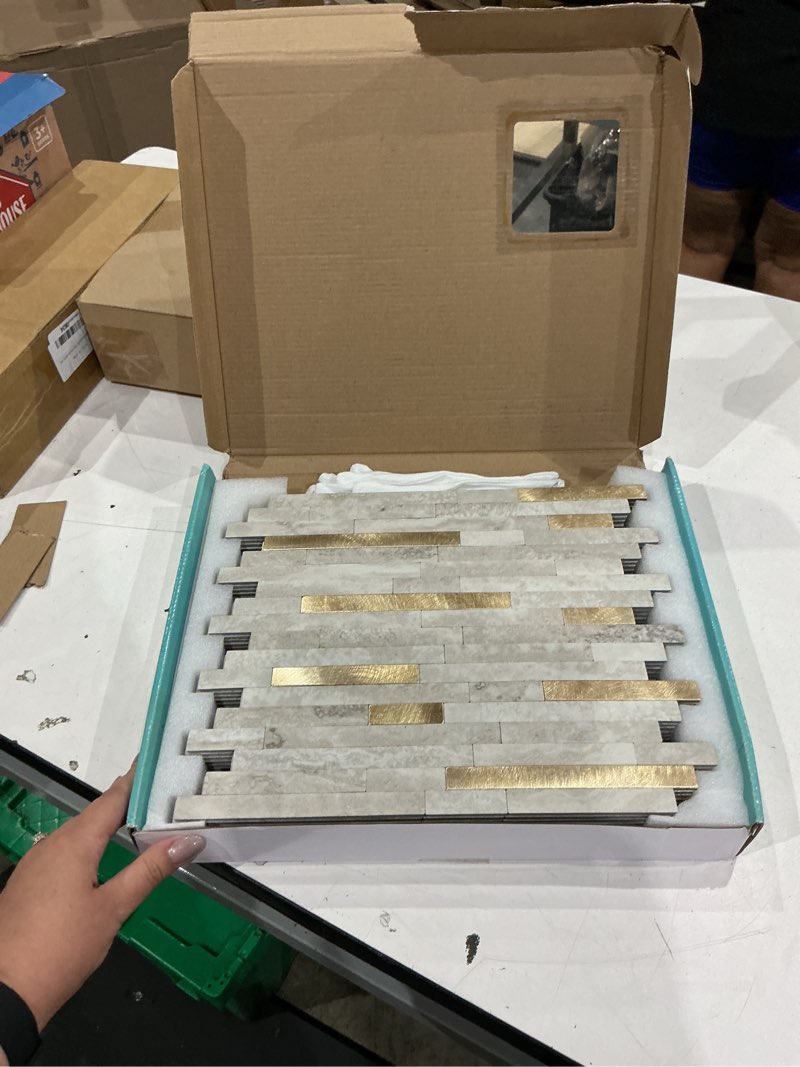 Condition photo showing Good Condition for kasaro peel and stick marble tiles, self-adhesive aluminum wall tile stick on bathroom, fireplace, rv, marble beige with vintage golden embellished stripes, 10-sheet beige + metal gold 10