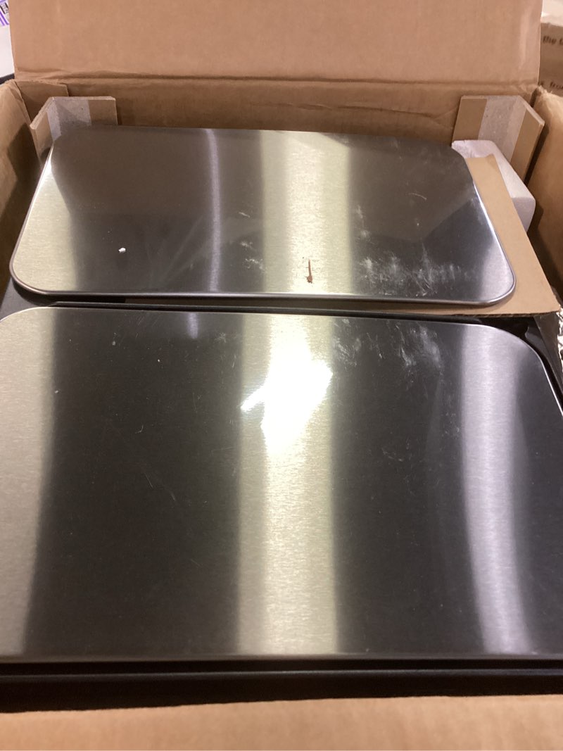 Condition photo showing As Is for garveehome 2 x 4 gal stainless steel double trash can with lid for kitchen, large dual trash and recycle bin combo, step-on kitchen metal garbage cans, pp inner buckets, liner rim, silver silver 2 x 4 gallon