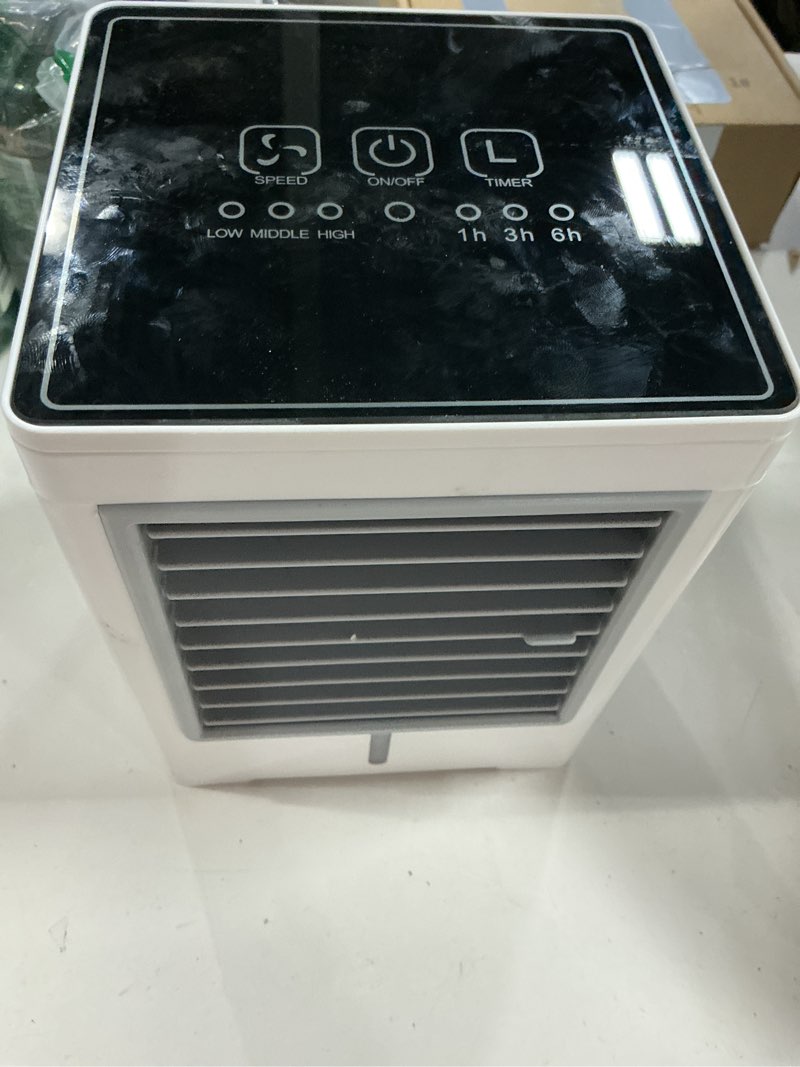 Condition photo showing As Is for portable air conditioners fan, evaporative air cooler, usb personal mini air cooler with 3 wind speeds & 3 timers touch screen desktop cooling fan for for home room camping car office white