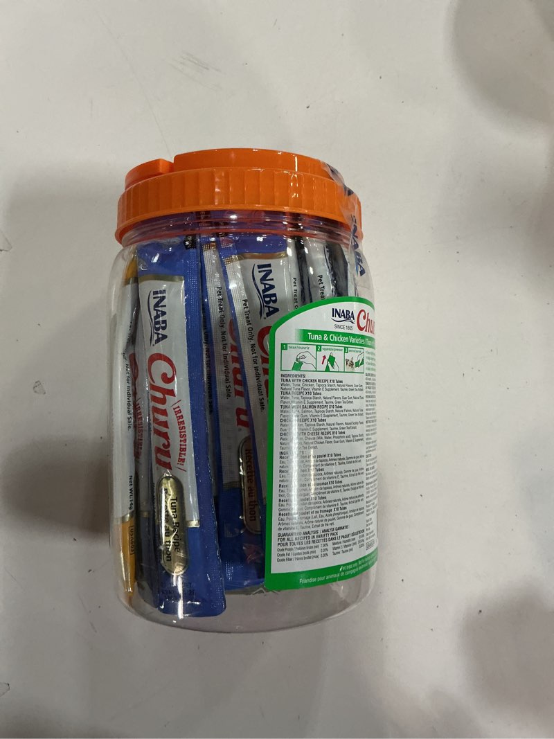 Condition photo showing New/Like New for 01-10-2027)INABA Churu Cat Treats, Grain-Free, Lickable, Squeezable Creamy Purée Cat Treat/Topper with Vitamin E & Taurine, 0.5 Ounces Each Tube, 50 Tubes, Tuna & Chicken Variety Tuna and Chicken Variety 0.5 Ounce (Pack of 50)