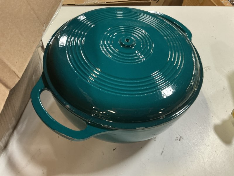 Condition photo showing As Is for lodge essential enamel cast iron dutch oven - perfect for bread baking, braising, marinating & slow cooking - features moisture-sealing lid & dual handles - kitchen essentials - 6 quarts - lagoon