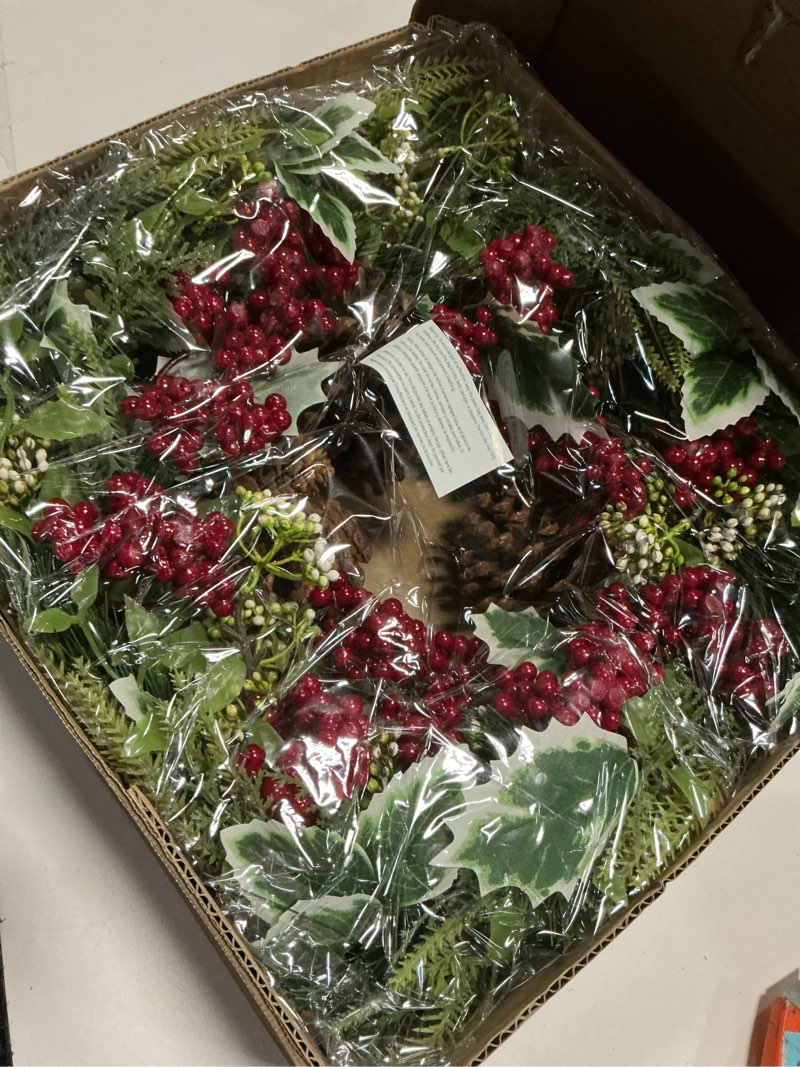 Condition photo showing Good Condition for 22-Inch Artificial Christmas Wreath with Pinecones, Red Berries, and Magnolia - Holiday Door Wreath for Indoor Outdoor, Winter Christmas Decor for Front Door, Fireplace, or Wall Display Magnolia Red Berry