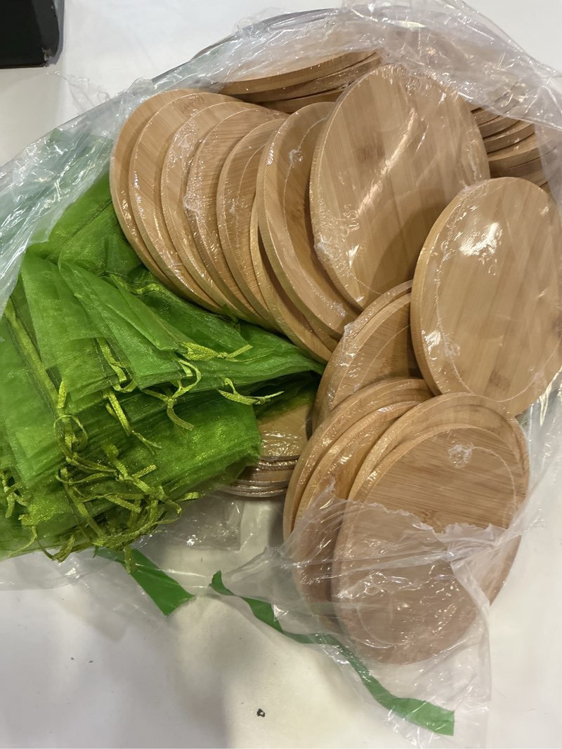 Condition photo showing Good Condition for nuenen 50 pcs mini wooden charcuterie board bulk, small wood cutting board for crafts laser engraving with knives organza bags wedding baby shower favors gift (round,bamboo color)