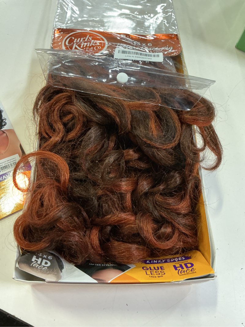 Condition photo showing As Is for sensationnel curls kinksandco kinkyedges wig - kinky body wave 14 inch 13x6 lace frontal natural kinkytexture edged hairline for natural 3c to 4c hair textures (balayagecopper)