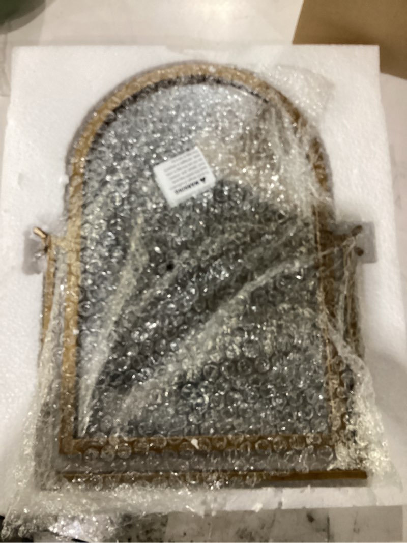 Condition photo showing Good Condition for vintage makeup desk mirror, 11.8" l x 7.9" w antique gold vanity table mirror, metal framed arched small standing mirrors, 360 adjustable rotation mirrors for tabletop, bathroom antique gold-arched