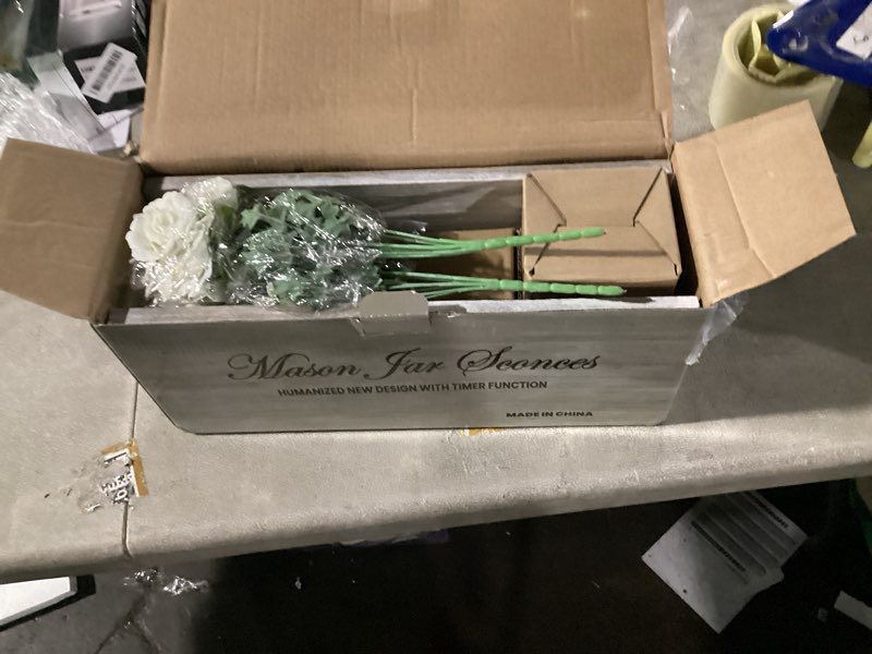 Condition photo showing item condition for Wall Decor Mason Jar Sconces - Home Decor Wall Art Hanging Design with Remote Control LED Fairy Lights and White Rose, Farmhouse Wall Decorations for Bedroom Living Room Lights Set of Two White Rose+grey Board