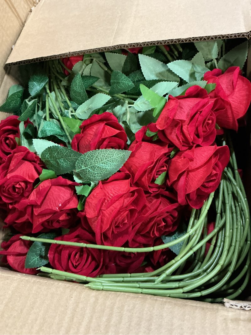 Condition photo showing New/Like New for innogear artificial flowers, 50 pcs dark red foam fake roses bulk with stems for mother's gift decoration celebration diy wedding bouquets centerpieces bridal shower party christmas tree dark red 50