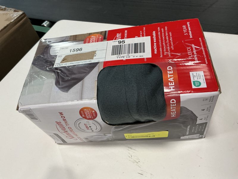 Condition photo showing As Is for sunbeam electric heated throw blanket gray fleece 4 heat settings, 50x60