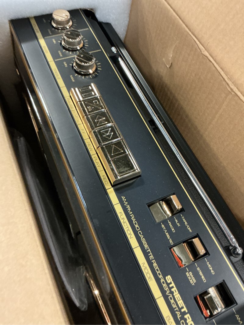 Condition photo showing Good Condition for ion audio 1980s-style portable bluetooth boombox am/fm radio cassette player recorder, vu meters, usb recording, dual full-range high bass speakers (gold edition)