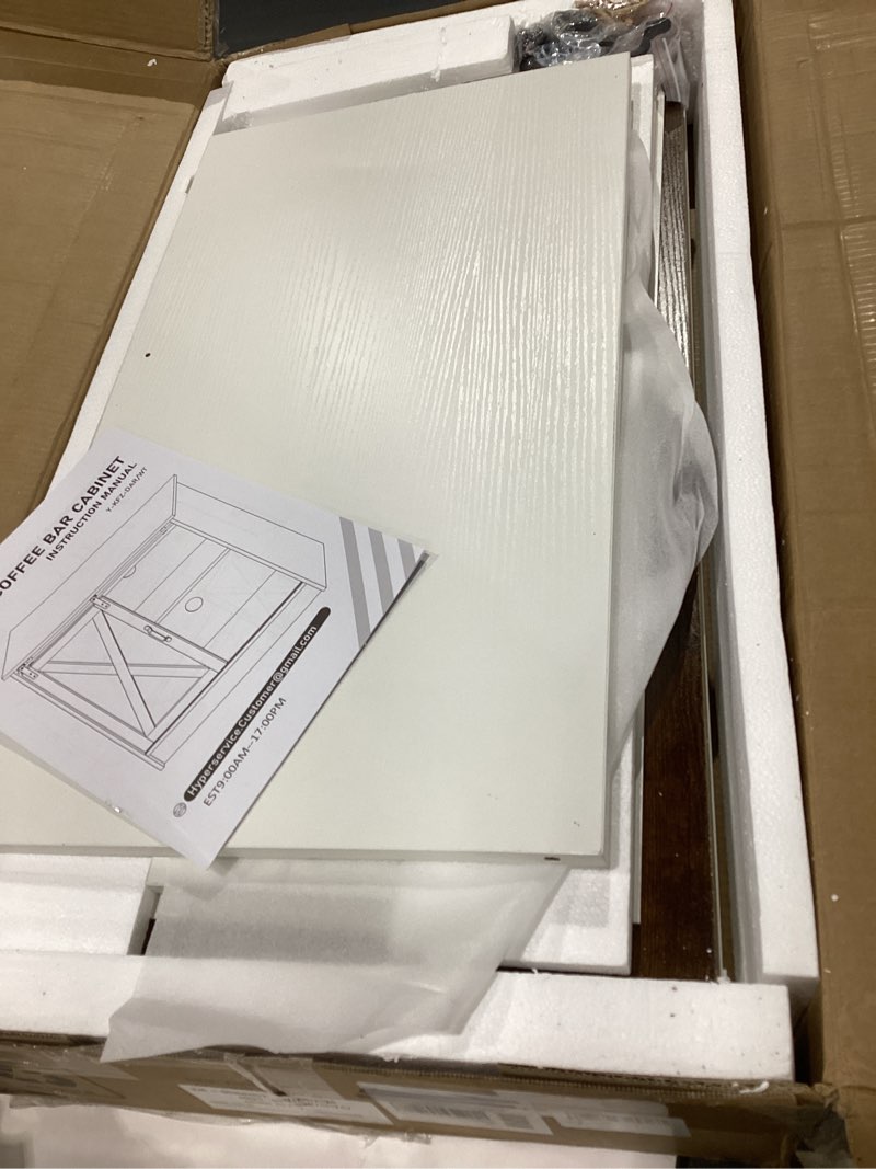 Condition photo showing New/Like New for COSYSUPER White Coffee Bar Cabinet with Storage, Farmhouse Coffee Bar Cabinet, Coffee Bar Table with Sliding Barn Door, Coffee Bar & Adjustable Shelves, for Kitchen, Dining Room, Living Room
