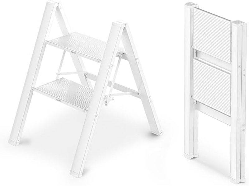 WOA WOA 2 Step Ladder, Foldable Step Stool, Aluminum Lightweight Ladder for Home Kitchen Closet, Anti-Slip Pedals, Ease of Folding, Portable, 300lbs Capacity - White