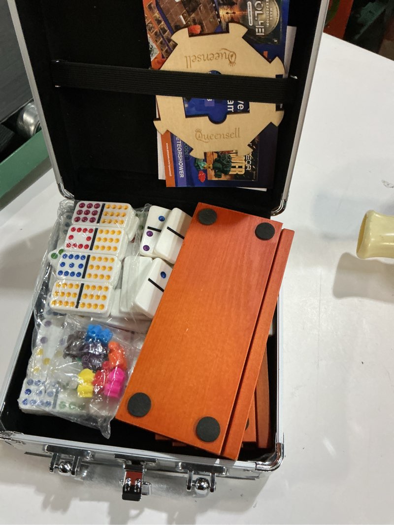 Condition photo showing Good Condition for Mexican Train Dominoes Set with 4 Holders - Dominoes Double 12 with Wooden Hub and Tiles Holders - Double 12 Dominos Set for Family Game Night for Adults and Kids Ages 8 and up (D12 + 4 Holders)