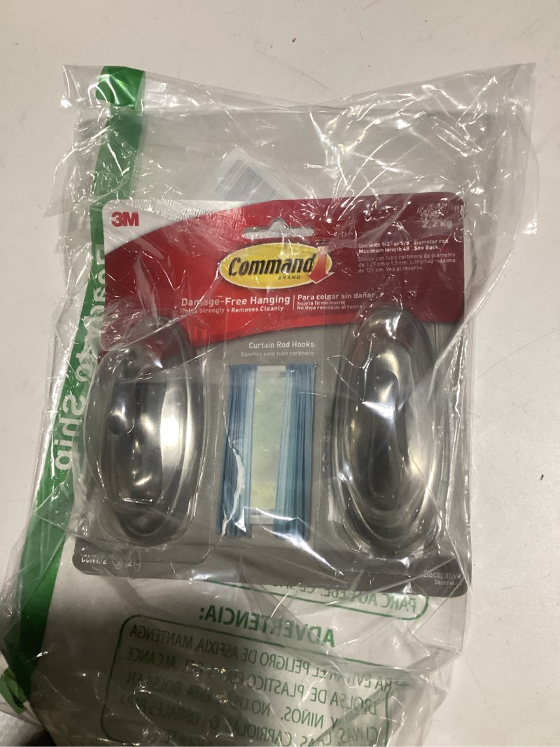 Condition photo showing As Is for Command 5 lb Large Brushed Nickel Color Hooks, 2-Pack of 2 Wall Hooks and 2 Strips, Hooks for Hanging Home Decor, Wall Decor, and Room Decor