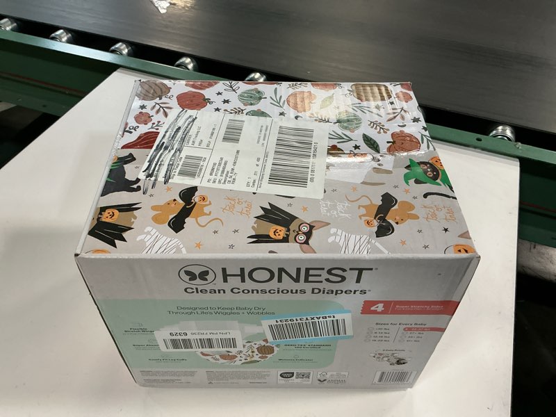 Condition photo showing New/Like New for The Honest Company Clean Conscious Diapers for Delicate Skin | Up to 100% Leakproof | Hypoallergenic, Fragrance Free | Fall '25 Limited Edition Prints | Club Box, Size 4 (22-37 lbs), 54 Count Size 4 (54 Count) Bum-kin Patch + Costume Paw-ty