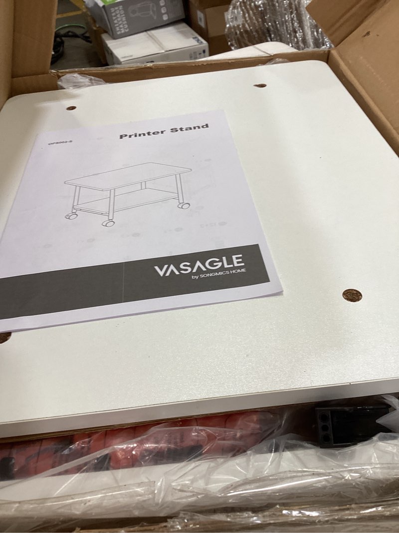 Condition photo showing Good Condition for vasagle printer stand with locking wheels, 2-tier shelf, industrial under desk heavy-duty mobile cart for home office, white uops002w01 white 2 tiers