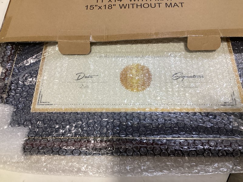 Condition photo showing Good Condition for elsker&home diploma frame - classic cherry wood color wide frame - only fits 11×14 document/certificate - acrylic plate - table top or wall mount display (double mat, navy mat with golden rim) mahogany+blue(golden rim) mat 11x14 with mat