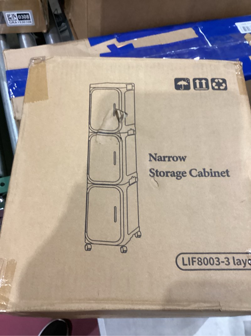 Condition photo showing New/Like New for 3-Tier Tall Narrow Storage Cabinet, Slim Bathroom Storage Cabinet with Adjustable Shelves and Wheels, Narrow Organizer for Small Space, Bathroom, Kitchen, Laundry, White White 3-Tier