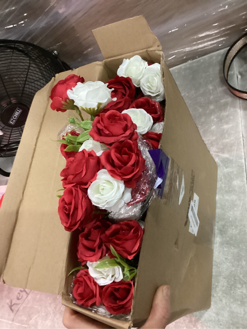 Condition photo showing Good Condition for zeyune 16 bunches 12 inch artificial mini rose bouquet 160 heads bridal flower bouquets fake silk rose bulk for valentine's day wedding bridal shower home office garden(white and red)
