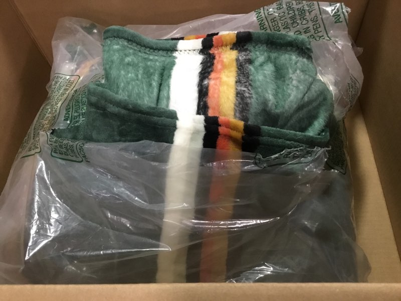 Condition photo showing As Is for Wrangler - King Blanket, Ultra Soft Plush Fleece Bedding, Yellowstone Inspired, Luxuriously Soft Bedding for Bed or Couch (Western Saddle Stripe Green, King) King Western Saddle Stripe Green