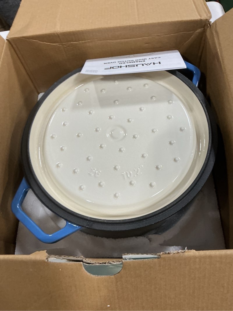 Condition photo showing As Is for haushof 5.3qt enameled cast iron dutch oven with lid, non-stick pot for sourdough bread baking, stewing, rosting, blue