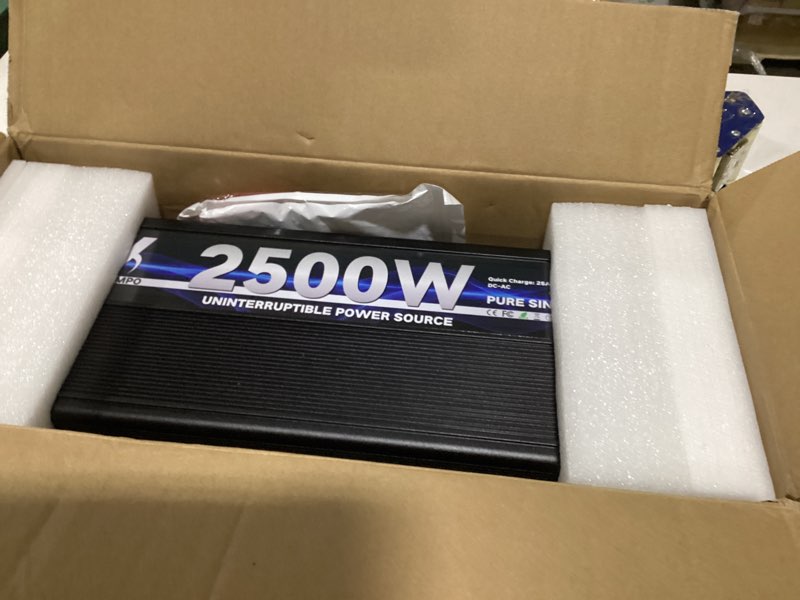 Condition photo showing As Is for 2500 watt sump pump backup battery system, automatic switching to battery inverter power, professional backup system in case of power failure, pure sine wave output remote controller with lcd screen ups-2500