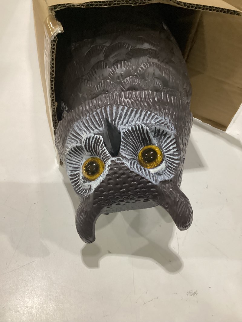 Condition photo showing As Is for solar powered owl with motion detection, silent mode, flashing eyes, rotatable head and realistic hoots, plastic owl decoration for home, garden, patio and fence