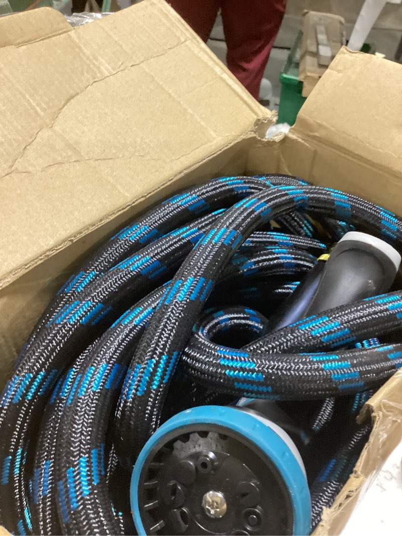 Condition photo showing As Is for 75ft garden hose, non-expandable flexible fabric water hose with 10-function spray nozzle, kink-free & lightweight yard hose with 3/4" solid brass connectors for lawn, outdoor, rv & marine use