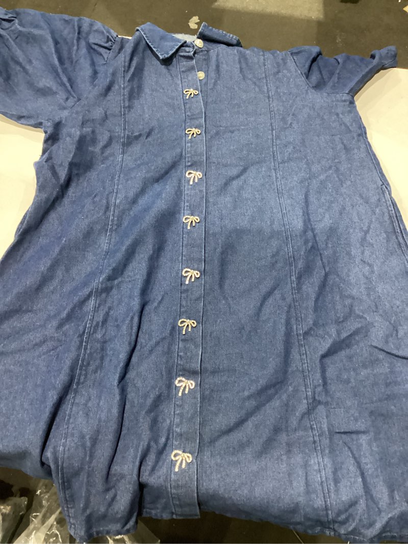 Condition photo showing Good Condition for lifeshe women's blue denim babydoll mini dress with puff sleeves, lapel collar & diamond bow decor blue, large
