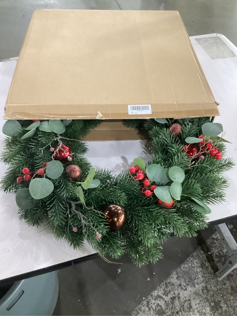 Condition photo showing As Is for christmas wreath for front door 24-inch, christmas door wreath with red berries, green pine branches, eucalyptus leaves and ornaments, winter wreath outdoor christmas decorations (red)