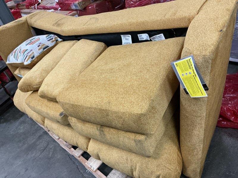 Condition photo showing As Is for Signature Design by Ashley Keerwick Scandinavian 2-in-1 Sofa Sleeper with Folding Gel Memory Foam Mattress and 4 Pillows, Queen, Yellow