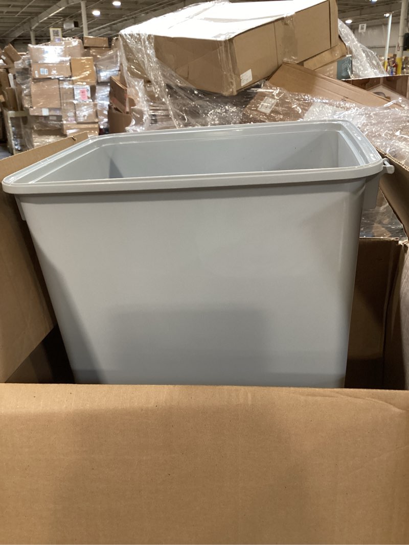 Condition photo showing As Is for iris usa dog food storage container with wheels, airtight lid, 2-cup scoop, up to 54 pounds pet food storage, built in scoop storage in lid, versatile pet food bin, portable, bpa free, gray/dark gray 54 lbs gray/dark gray