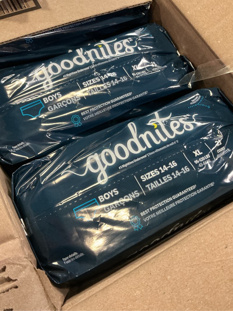 Condition photo showing Good Condition for goodnites boys' nighttime bedwetting underwear, size extra large (95-120 lbs), 63 ct (3 packs of 21), packaging may vary x-large 63