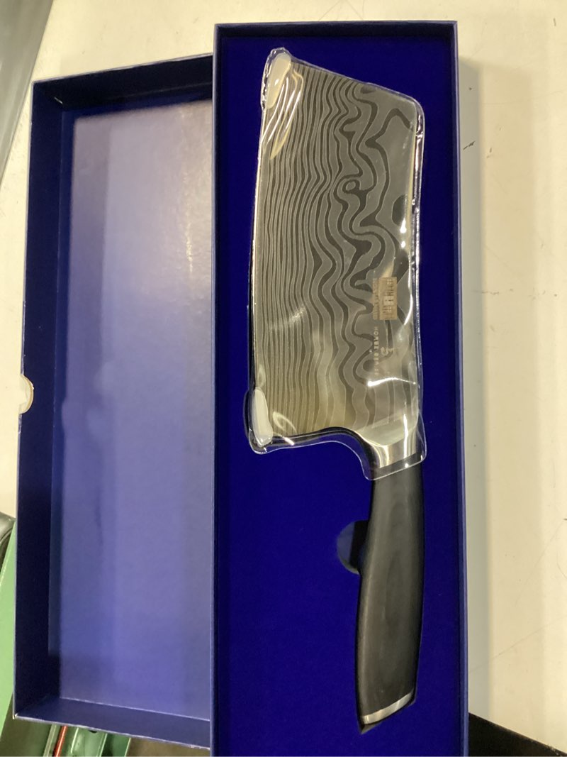 Condition photo showing New/Like New for cleaver knife 7 inch, razor sharp high carbon powder steel meat cleaver, professional butcher chopper kitchen knife for meat cutting vegetable slicing