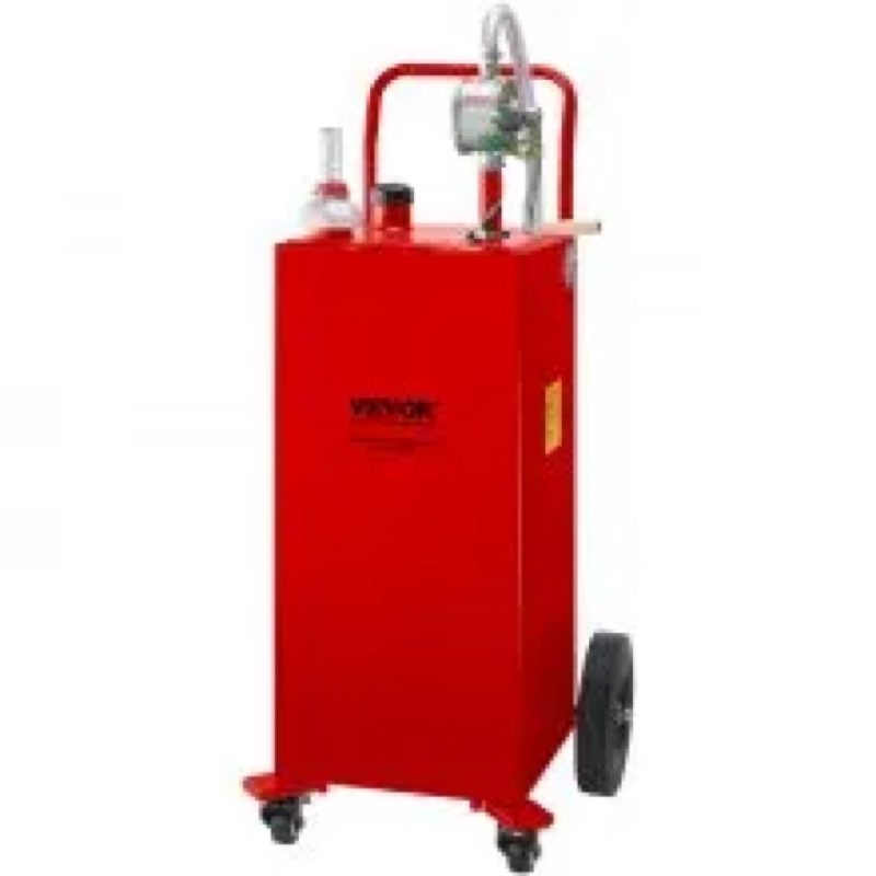 vevor 30 gallon fuel caddy, gas storage tank & 4 wheels, with manuel transfer pump, gasoline diesel fuel container for cars, lawn mowers, atvs, boats, more, red