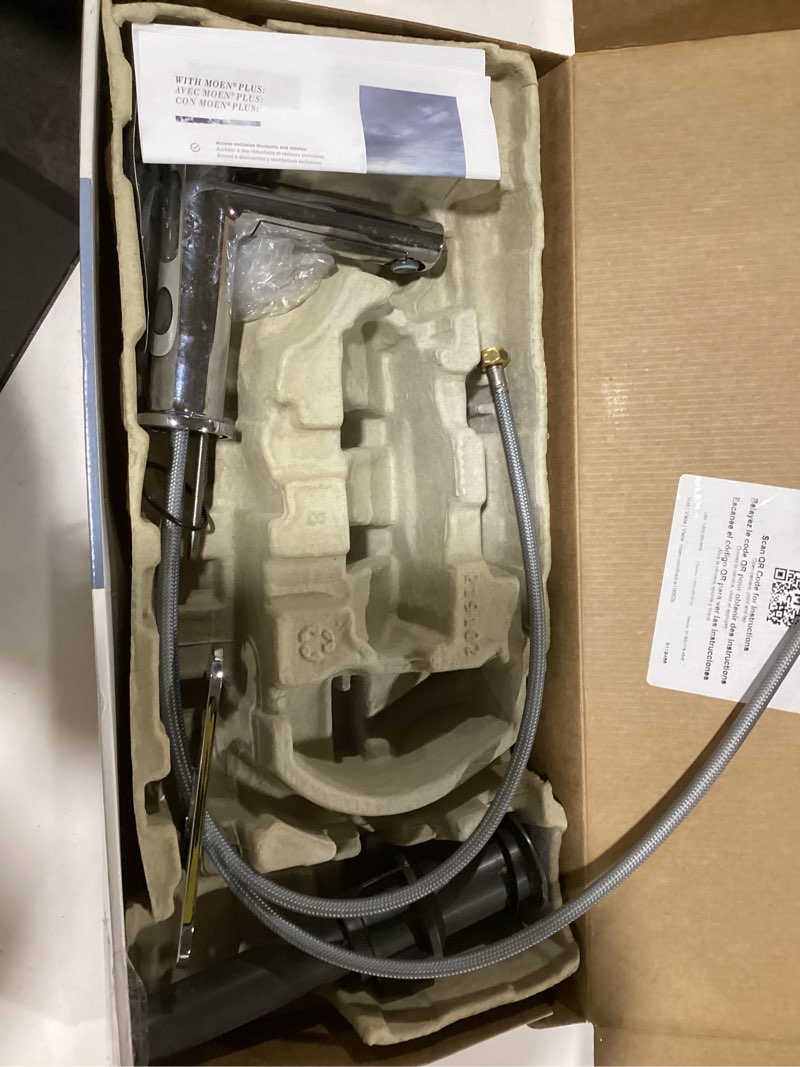 Condition photo showing As Is for Moen Meena Chrome One-Handle Single Hole Modern Bathroom Sink Faucet with Optional Deckplate and Drain Assembly, 84794