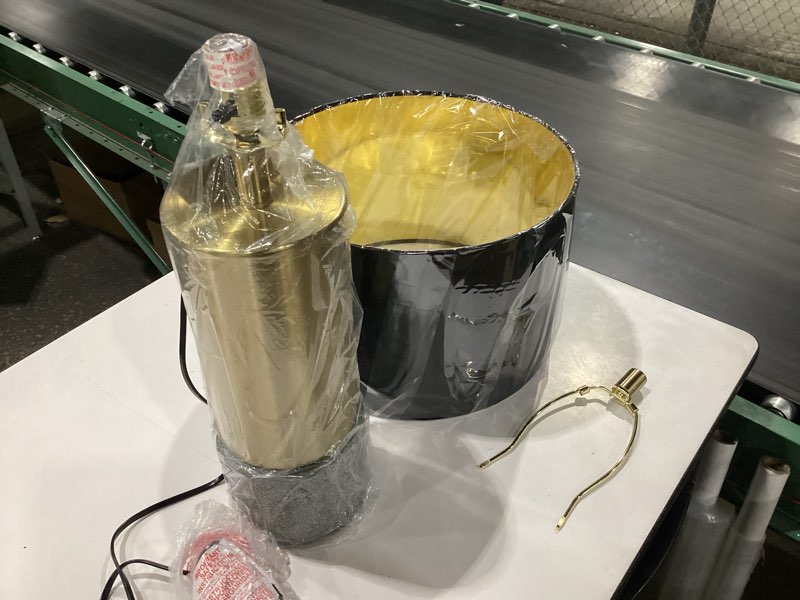 Condition photo showing New/Like New for signature design by ashley jacek contemporary table lamp, 2 count, 3 way switch, metal, poly resin and drum shade, 15" w x 15" d x 27.25" h, gray & brass finish gold