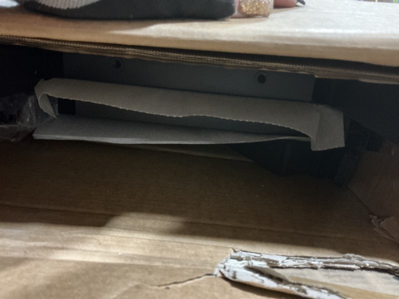 Condition photo showing As Is for (Incomplete) Bellemave Bunk Beds Twin Over Full Size with Storage Shelves & LED Light, Metal Twin Over Full Bunk Bed Frame with Wood Board & Sturdy Slats, Heavy Duty Bed Frame, Noise Free, Black Black With Headboard Twin over Full