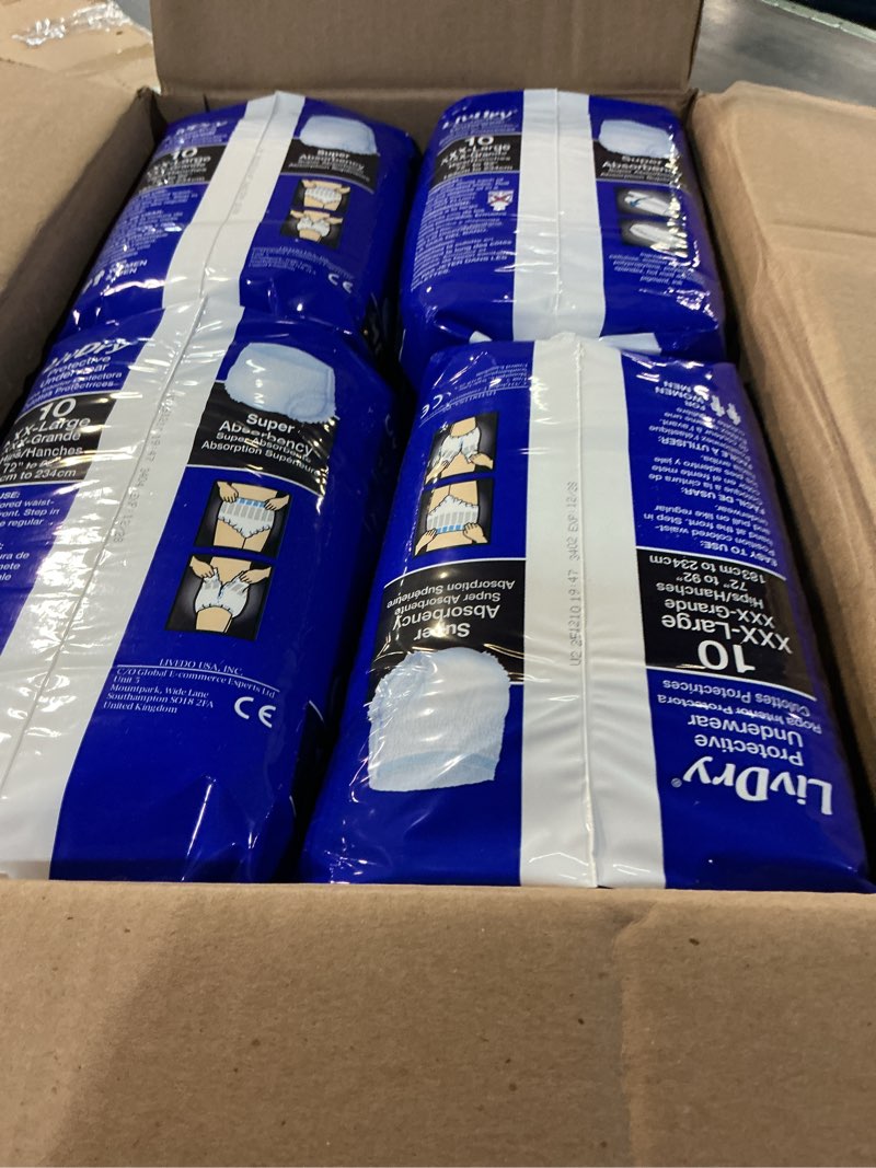 Condition photo showing New/Like New for livdry 3xl overnight adult diapers for women and men, xxxl incontinence underwear, 72”-92" waist, disposable pull-on briefs, xxx-large, 40 count 3x-large (40 count)