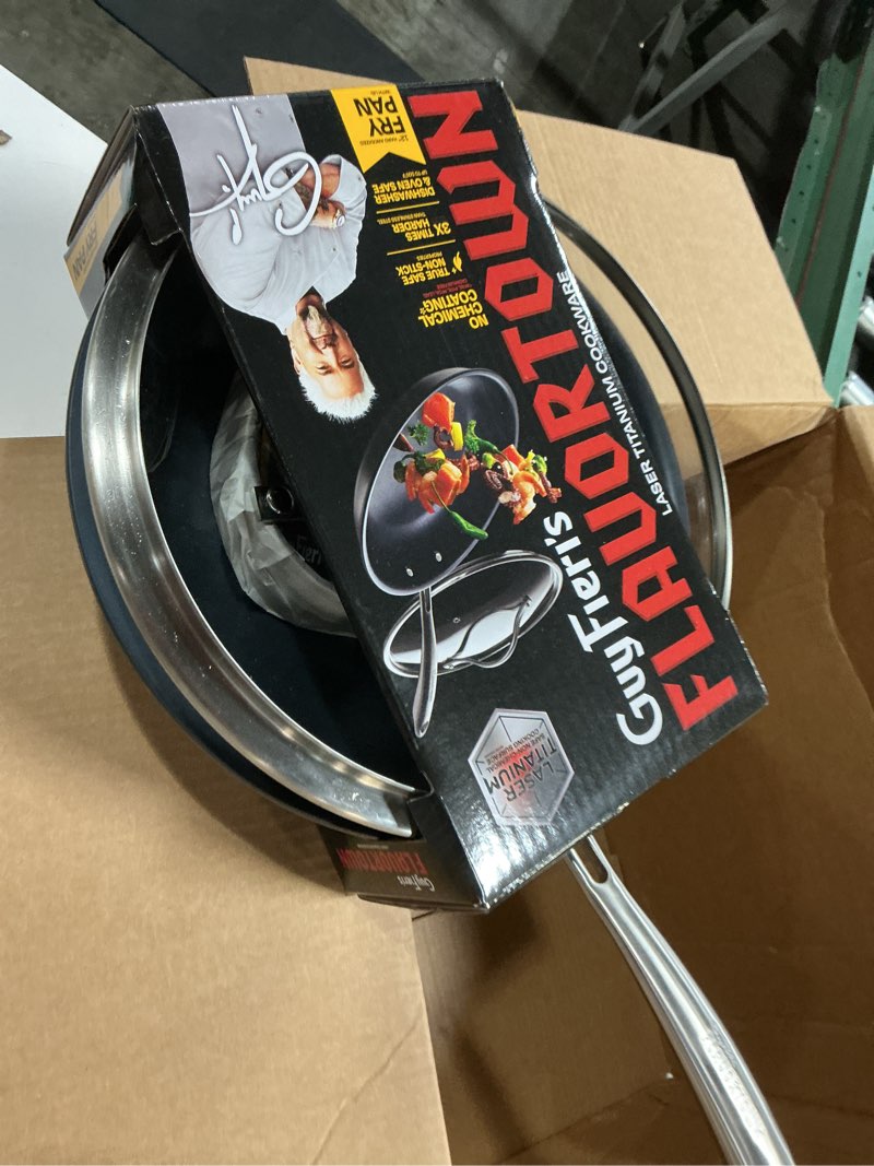 Condition photo showing Good Condition for guy fieri's flavortown laser titanium 12” fry pan with lid - non-stick cookware without pfas, ptfe, or pfoa, 3x more durable, dishwasher safe, oven safe 12 inches