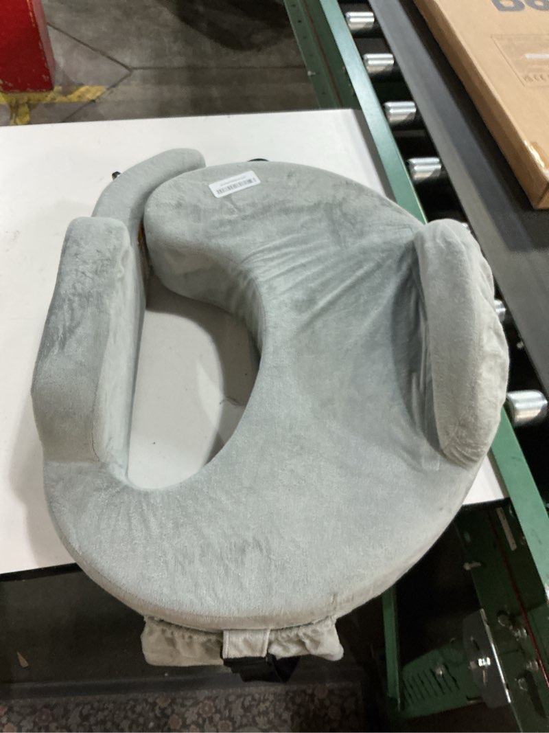 Condition photo showing Good Condition for nursing pillow for standing/sitting use- springy memory foam for support & comfort, large breast feeding pillow - safety fence, adjustable waist belt and support backrest, removable cover with pocket gray