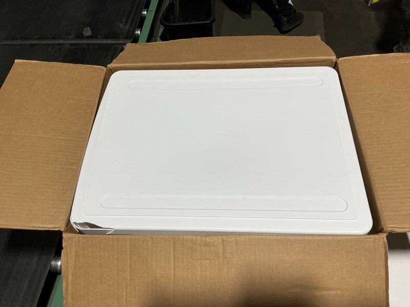 Condition photo showing As Is for IRIS USA 22 Qt Under Bed Storage, Stackable Organizer Bin Plastic Container with Sliding Drawer, 2 Pack, Multi-Purpose for Clothes, Shoes, Bedding, White