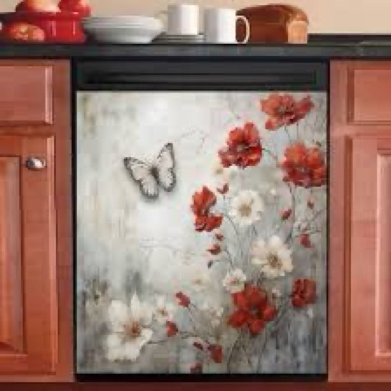 Generic Flowers and Butterflies Magnetic Decal, Farmhouse Style, Vinyl Material, Dishwasher Magnet S